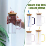 Square Mug with Wooden Lid and Glass Straw 400ml - Image 3