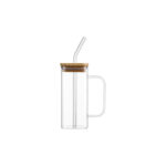 Square Mug with Wooden Lid and Glass Straw 400ml