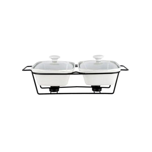 Ceramic Rectangle Twin Casserole Food Warmer Dish 11 Inch