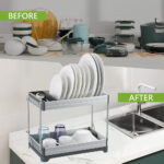 2 Tier Dish Drying Rack with Cutlery & Board Holder 43 X 49.5 X 8 Cm - Grey - Image 4