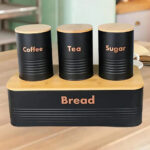Bread Box with Coffee Tea & Sugar Containers – Black & Wood Finish - Image 2