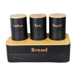 Bread Box with Coffee Tea & Sugar Containers – Black & Wood Finish
