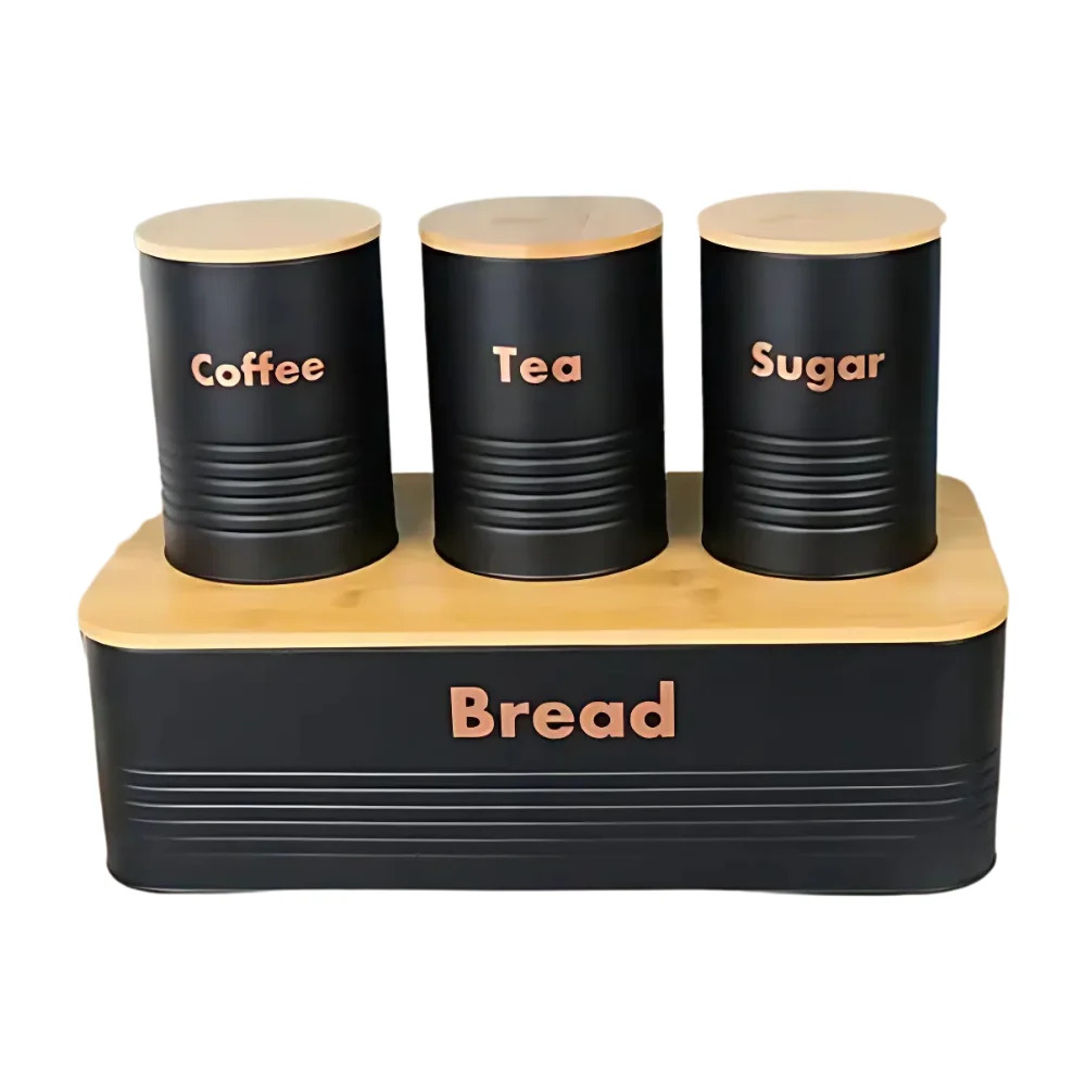 osm 960 (2) Bread Box with Coffee Tea & Sugar Containers – Black & Wood Finish - Image 1
