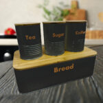 Bread Box with Coffee Tea & Sugar Containers – Black & Wood Finish - Image 3
