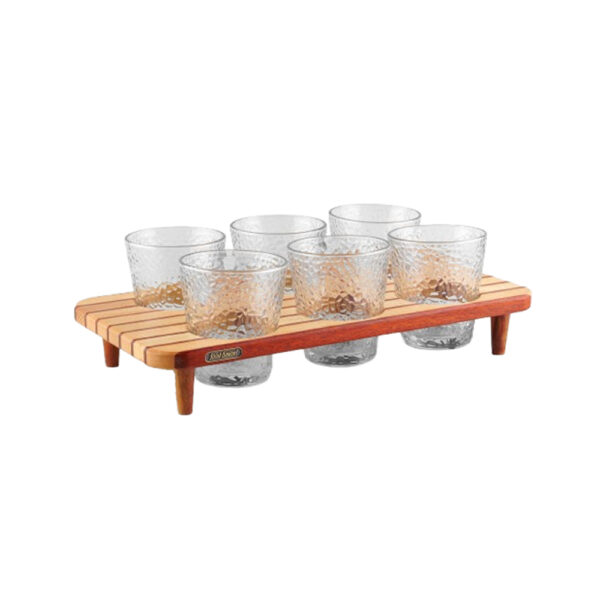 Food Fusion Wooden Tray With Dotted Pattern Glass 6 Pcs (300ml)