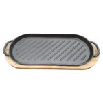 Cast Iron Oval Grill Pan with Wooden Tray – Black - Image 3