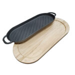Cast Iron Oval Grill Pan with Wooden Tray – Black - Image 2
