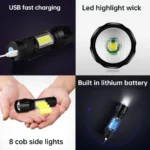 Rechargeable Mini Torch Metal Cob Led Flashlight - Image 6