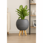 Rustic Round Plastic Pottery Planter with Stand - Image 3