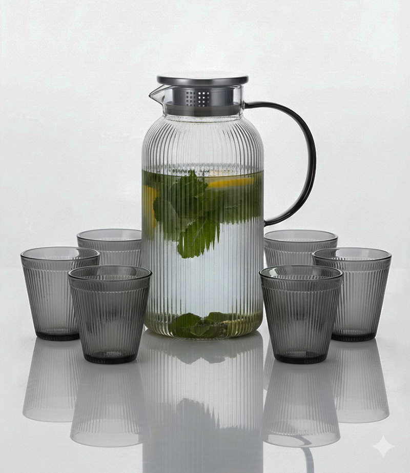 Gemini_Generated_Image_3gdlik3gdlik3gdl Classic Vertical Stripe Glass Jug Set with Lid - 6 Glasses - 7 Pc Set - Image 1