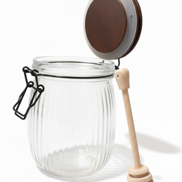Clear Glass Honey Jar with Wooden Lid And Wooden Dipper-Capacity: 750 ml