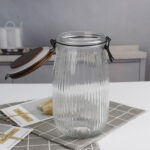 Hot Selling Kitchen Storage Glass Jar with Wooden Lid  Airtight Food Container 17 cm - Brown  - Image 2