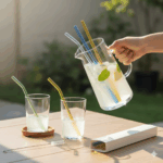Multi-Coloured Glass Straws Set of 4 with Cleaning Brush - Image 3
