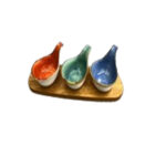 Ceramic Condiment Bowls-Set of 3 with Wooden Tray