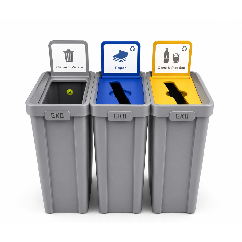 EKO-052-1 Commercial 3-Compartment Recycling Bin – Grey (3 × 80L) - Image 1