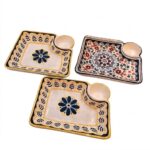 Floral Ceramic Appetizer Serving Platter with Built-in Dip Bowl
