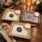Floral Ceramic Appetizer Serving Platter with Built-in Dip Bowl - Image 3