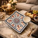 Floral Ceramic Appetizer Serving Platter with Built-in Dip Bowl - Image 5