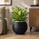 Textured Round Flower Pot with Gold Rim - Black (PP Plastic) - Image 3