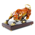 Decorative Craft Bull Ornament- Copper and Wooden Base