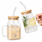 Square Glass Tumbler with Bamboo Lid and Straw - 400ml