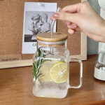 Square Glass Tumbler with Bamboo Lid and Straw - 400ml - Image 2