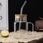 Square Glass Tumbler with Bamboo Lid and Straw - 400ml - Image 3