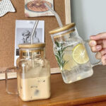 Square Glass Tumbler with Bamboo Lid and Straw - 400ml - Image 5