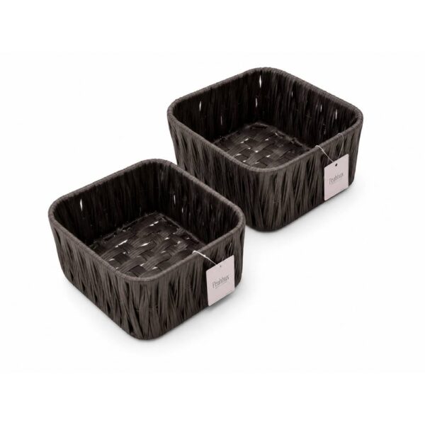 Faux Rattan Vertical Weave Storage Basket Set - Black (2 Piece)