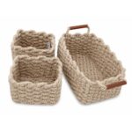 PU Leather and Cotton Rope Storage Basket Set 3 Piece - Brown