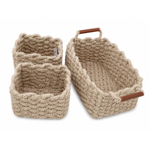 PU Leather and Cotton Rope Storage Basket Set 3 Piece - Brown
