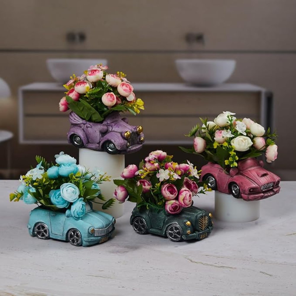 OSM-2303-1 Artificial Flower Bonsai in Vintage Car Cement Planter - Image 1