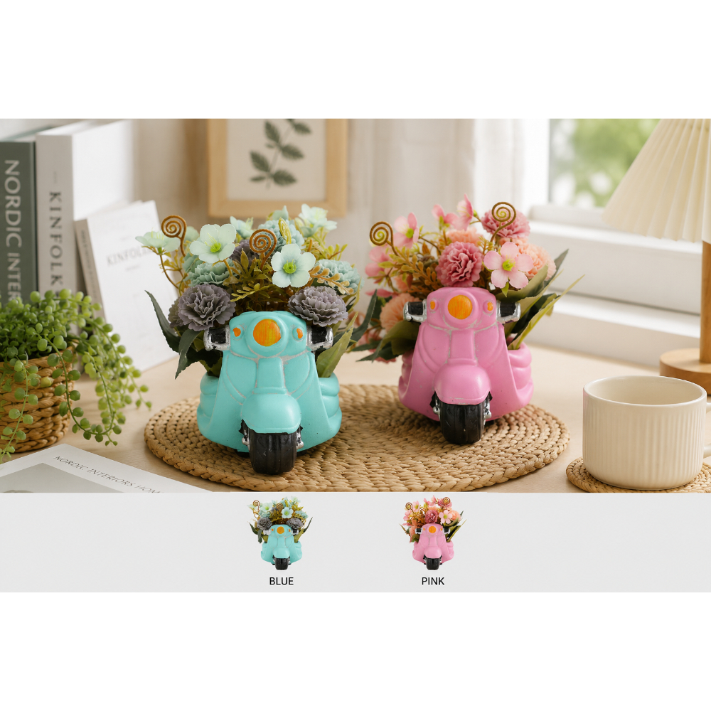 OSM-2307-New-1 Artificial Flower Bonsai in Vintage Scooter Cement Planter - Image 1