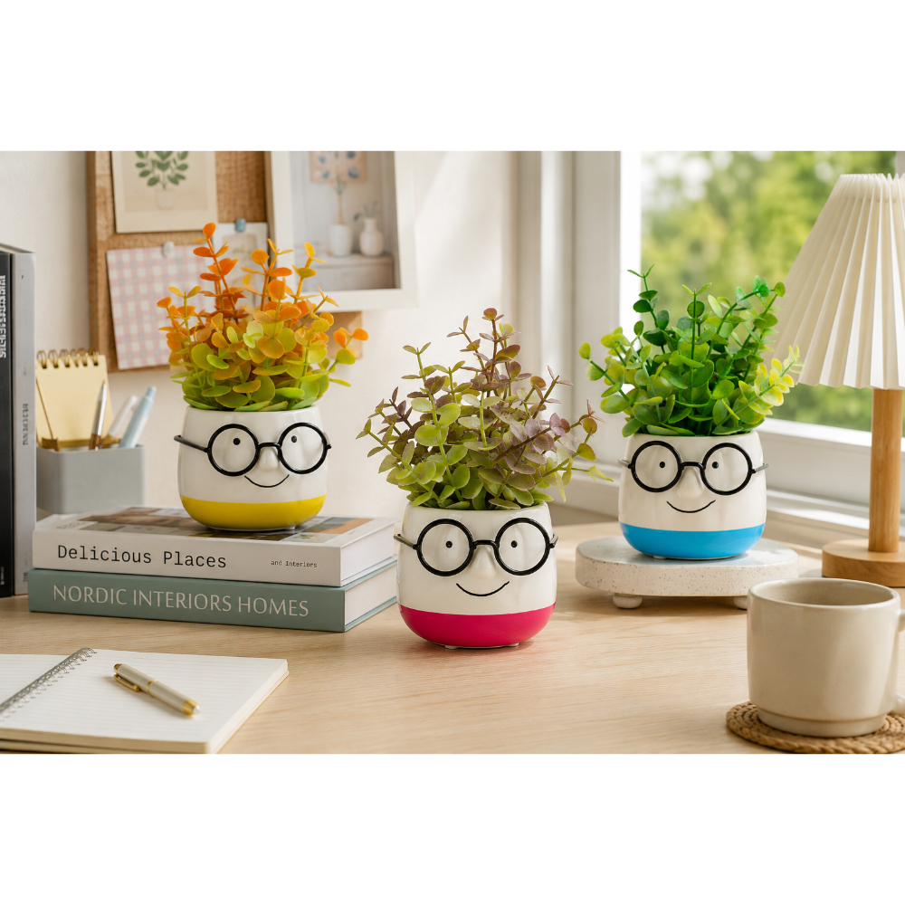 OSM-2313-New-1 Artificial Green Plant Bonsai in Cartoon Face Ceramic Pot - Image 1