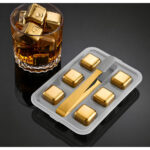 Stainless Steel Reusable Ice Cube Set - 6 Golden Cubes with Tongs