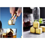 Stainless Steel Reusable Ice Cube Set - 6 Golden Cubes with Tongs - Image 2