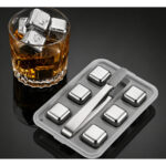 Stainless Steel Reusable Ice Cube Set - 6 Silver Cubes with Tongs