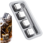 Stainless Steel Reusable Ice Cube Set - 4 Cubes with Tray and Tongs - Image 2