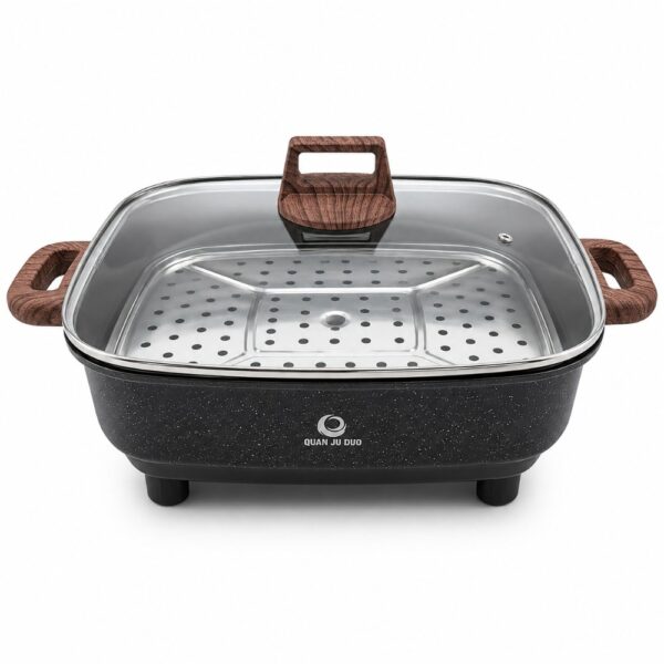 Large Capacity Electric Hot Pot With Iron Steamer Base & Glass Lid