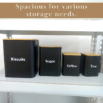Tea, Coffee,  Sugar & Biscuits Canisters Set of 4 Pcs Black With Air-Tight Wooden Lid