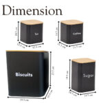 Tea, Coffee,  Sugar & Biscuits Canisters Set of 4 Pcs Black With Air-Tight Wooden Lid - Image 3