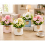 Artificial Flower Bonsai Ribbed Ceramic Pot