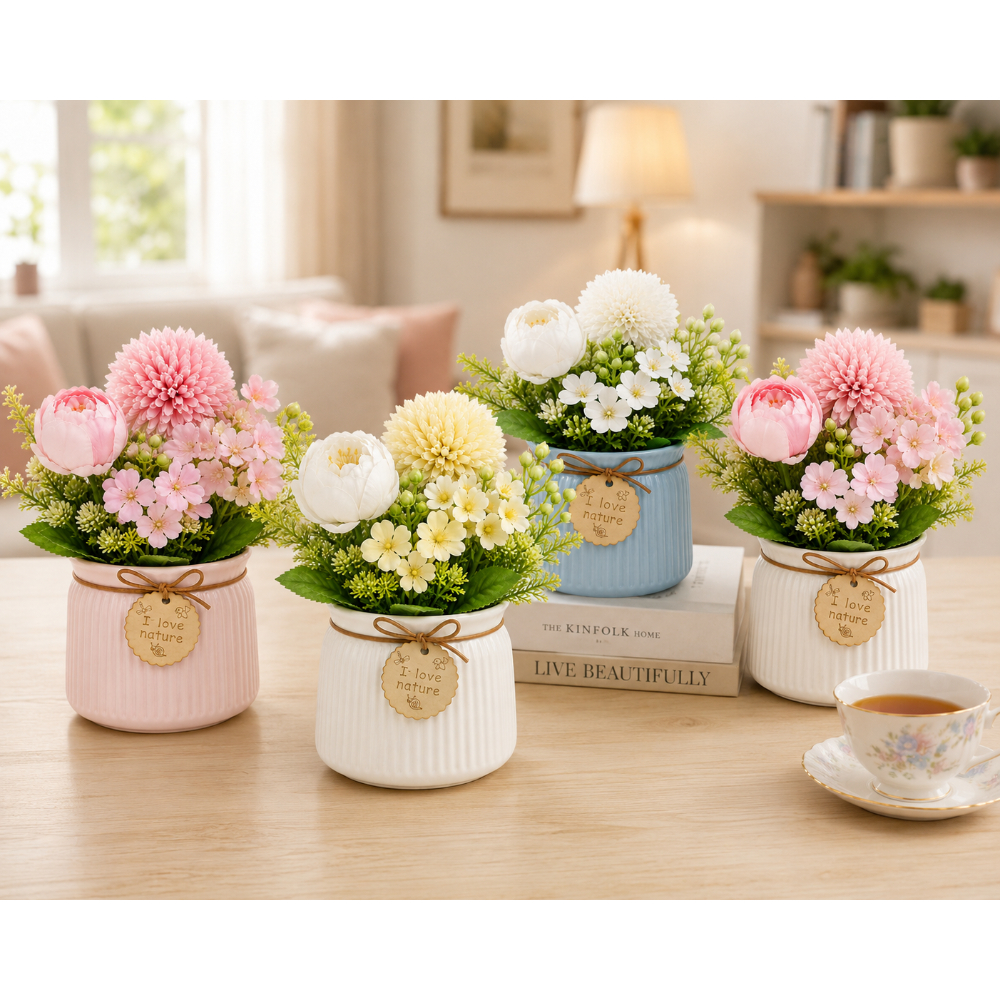 Osm-2309-1 Artificial Flower Bonsai Ribbed Ceramic Pot - Image 1
