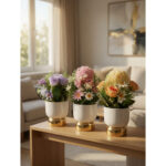 Artificial Flower Bonsai in Ceramic Pot with Gold Base