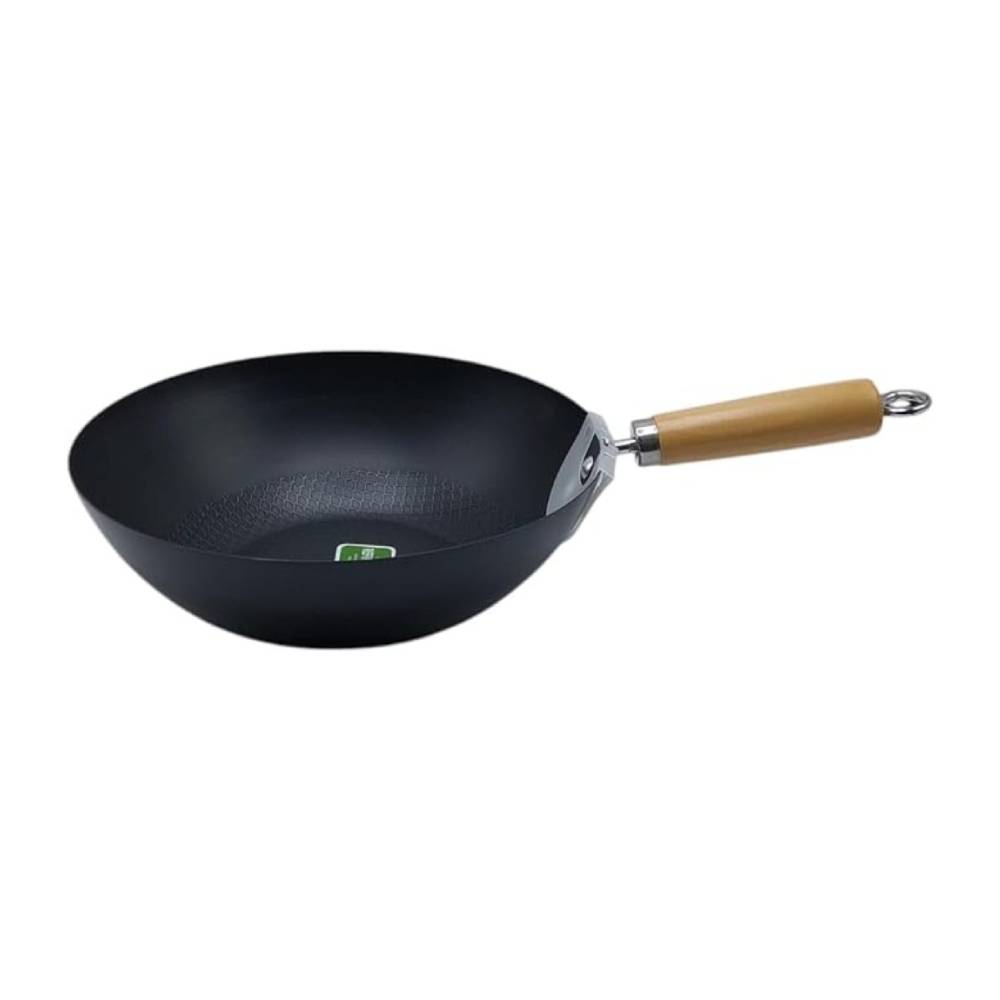 HON-944-1 Carbon Steel Wok with Wooden Handle - 9 Inch - Image 1