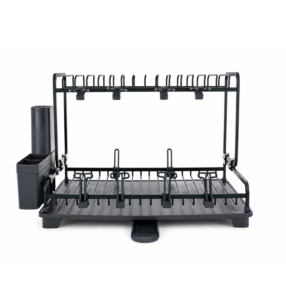OSM-2357-1 Aluminum Dish Drying Rack with Cup Holder & Drain Tray - Image 1
