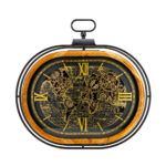 Vintage Oval Wooden Body Metal Shield Clock with World Map & Gears