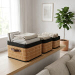 Set of 3 Bamboo-Style Storage Baskets with Black Fabric Lining - Image 2
