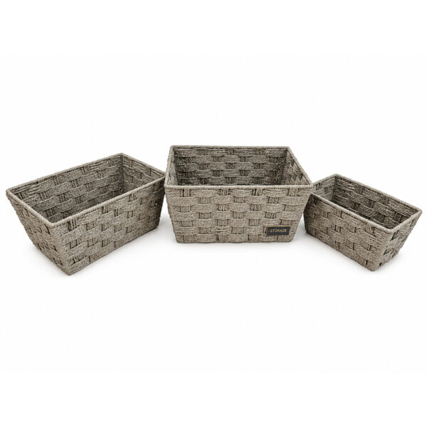Set of 3 Grey Woven Rectangular Storage Baskets
