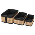 Set of 3 Bamboo Slat Storage Baskets with Black Fabric Lining